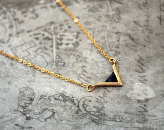 Black Turquoise Gemstone Triangle Pendant Necklace. Gold Plate.  Triangle Pendant.  geometric Pendant.  Black Jewellery