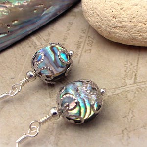 Abalone Sphere Earrings - Blue-Green Abalone Shell Earrings, Natural Shell Earrings with 3D Effect, Shell Earrings, Git for her