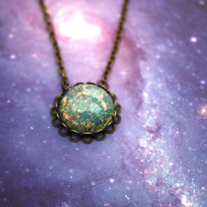 Sparkling Glass Opal Pendant Necklace in Brass Cameo Setting - Vintage Style Glass Cabochon Necklace with Opal Effect, Gift for her