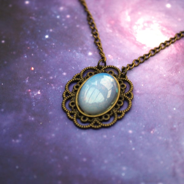 Opalite Pendant Necklace in Brass Tone Filigree Cameo Setting - Vintage Style Opalite Glass Necklace, Milky Blue Opalite Stone Pendant