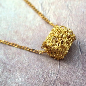Gold Tone Wire wrapped Cylinder Pendant. Wire Jewellery. Geometric Pendant. Mathematical pendant.