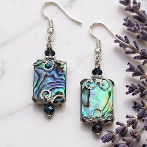 Può includere: Un paio di orecchini color argento con pendenti rettangolari in conchiglia di abalone. I gusci iridescenti sono incorniciati da filigrana d'argento ornata e perline blu scuro. Gli orecchini pendono da ganci d'argento.
