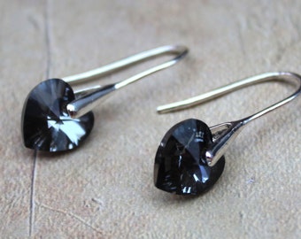 Black Crystal Heart Earrings with Silver Ear Wires - Romantic Gift, Sparkling Black Heart Earrings in Silver, Perfect for Valentine’s Day