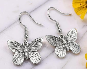 Realistic Butterfly Earrings, Antique Silver Plated Charms, Nature Inspired Jewellery, Vintage Style Dangle Earrings, Gift for Her