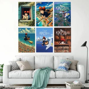 May include: Six framed art prints featuring scenes from the animated film Kiki's Delivery Service. The prints depict Kiki, a young witch, in various settings, including flying over a city and in a bakery. The color palette includes blues, greens, and warm tones.