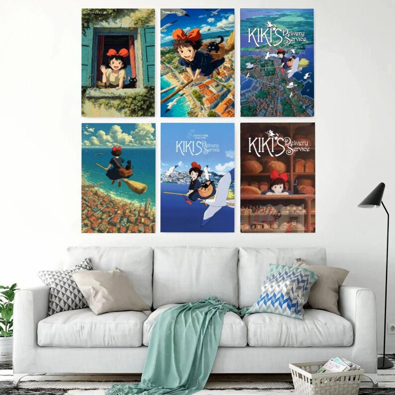 May include: Six framed art prints featuring scenes from the animated film Kiki's Delivery Service. The prints depict Kiki, a young witch, in various settings, including flying over a city and in a bakery. The color palette includes blues, greens, and warm tones.