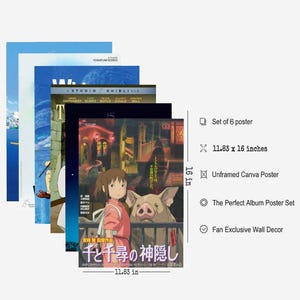 May include: A set of six unframed Canva posters. The posters are 11.83 x 16 inches. The posters feature colorful illustrations from a Japanese animated film. The text on the poster includes the film's title in Japanese.