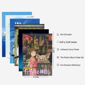 May include: A set of six unframed Canva posters, each featuring vibrant artwork. The posters measure 8.26 x 11.83 inches. The image includes text in English and Japanese. The posters are a perfect album poster set.