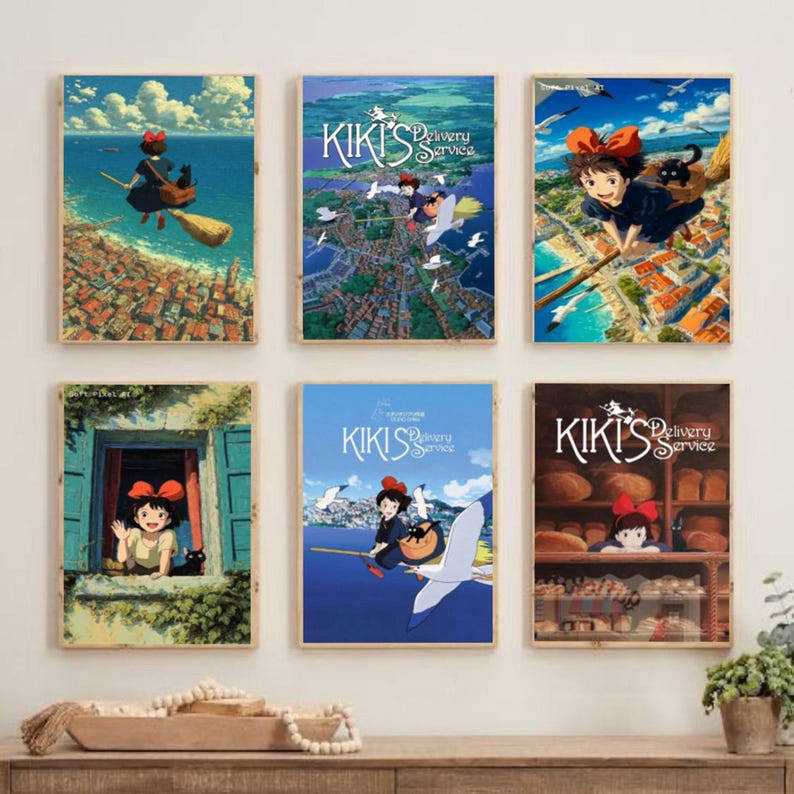 May include: Six framed art prints featuring scenes from "Kiki's Delivery Service." The prints depict Kiki, a young witch, flying on a broomstick with her black cat, Jiji. The artwork includes cityscapes, ocean views, and bakery scenes, with the film's title prominently displayed.