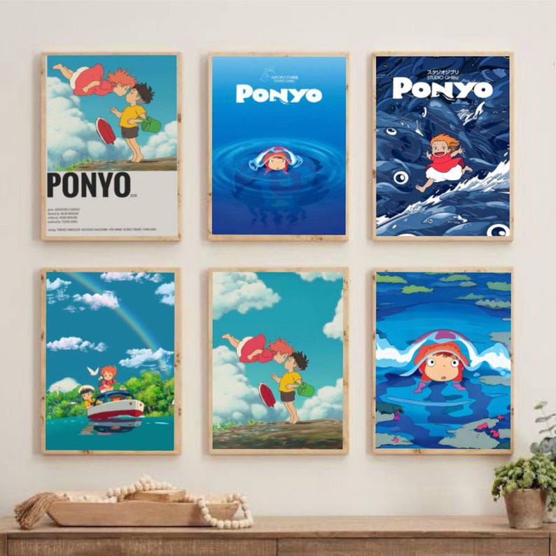 May include: Six framed art prints featuring scenes from the animated film "Ponyo." Each print showcases vibrant illustrations of characters and settings, with the film's title prominently displayed. The color palette includes blues, reds, and greens.
