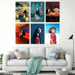 May include: A collection of six framed art prints featuring scenes and characters from the animated film "Spirited Away." The prints showcase various moments, including a boat ride, train scene, and character portraits, with vibrant colors and detailed illustrations.