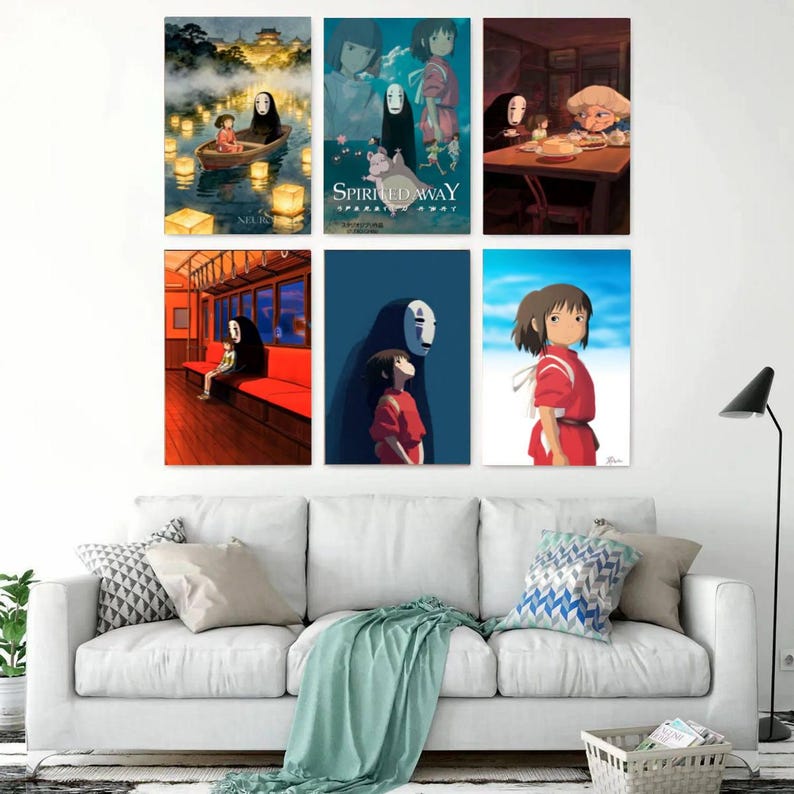 May include: A collection of six framed art prints featuring scenes and characters from the animated film "Spirited Away." The prints showcase various moments, including a boat ride, train scene, and character portraits, with vibrant colors and detailed illustrations.