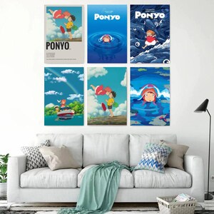 May include: Six framed posters featuring scenes from the animated film "Ponyo." The posters showcase vibrant illustrations of characters and settings, with a focus on the ocean and sky. The word "Ponyo" is prominently displayed on several posters.