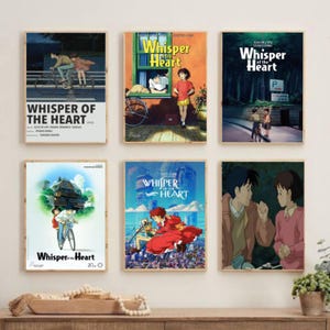 May include: Six framed posters featuring artwork from the animated film "Whisper of the Heart." The posters showcase various scenes, including characters on bicycles, cityscapes, and character interactions. The color palette includes blues, oranges, and greens.