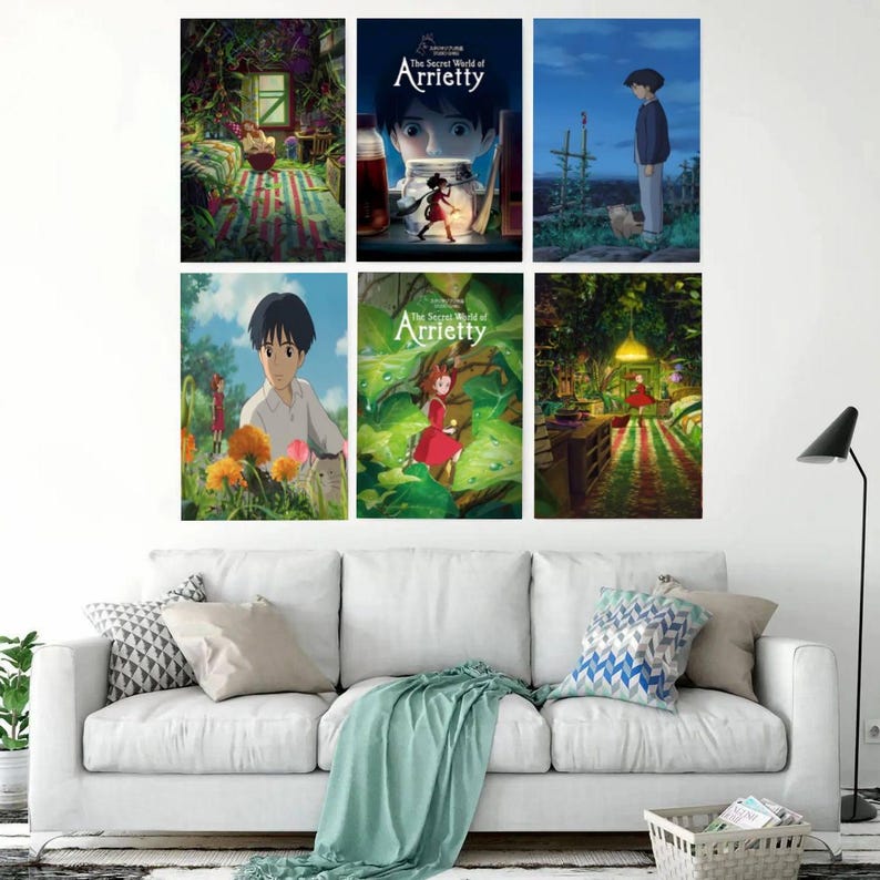 May include: Six framed art prints featuring scenes from the animated film "The Secret World of Arrietty." The prints depict various characters and settings, with vibrant colors and detailed illustrations. The prints are displayed above a white sofa with decorative pillows.
