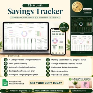 Puede incluir: Una plantilla digital de seguimiento de ahorros de 12 meses mostrada en una pantalla de portátil y smartphone. El panel incluye gráficos financieros, un gráfico de anillos de asignación de ahorros y tablas de progreso mensual para metas y objetivos.