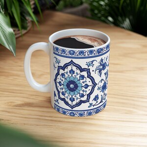Blue Pottery Mug, Multan Ceramic Floral Pattern, Vintage Islamic Tile Art