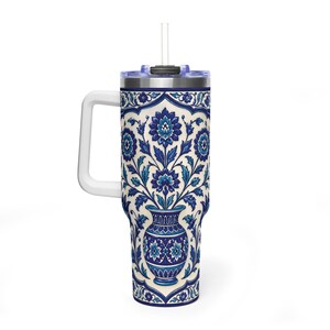 Blue Pottery floral vaccume Tumbler, Multan Floral, Islamic Ceramic Pattern , Blue White Travel Mug, Gift for Her, Aesthetic Drinkware 40oz