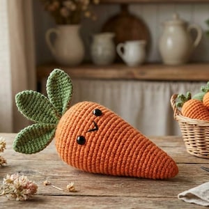 以下が含まれることがあります： 緑の葉と黒いボタンの目を持つ、大きなオレンジ色の手編みのニンジンが木製の表面に置かれています。手編みのニンジンは笑顔の顔をしています。近くには、手編みのニンジンと毛糸玉の小さなバスケットがあります。