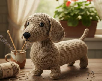 Dashing Dachshund Amigurumi Knitting Pattern, Fisherman’s Rib Wiener Dog Toy (PDF Download)