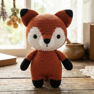 May include: A handmade crochet fox toy with orange, white, and black details. The fox has a round head, pointed ears, and a friendly expression. The toy is standing on a wooden surface.
