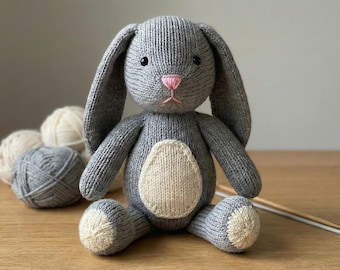 Heirloom Knitted Bunny Toy - Gray & Cream Stuffed Animal Rabbit - Floppy Ear Bunny Plush - Neutral Nursery Decor - Unique Baby Shower Gift