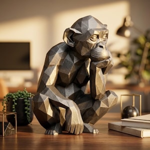 Geometrische Skulptur Affe | Low Poly Schimpanse Statue, Schreibtisch Dekoration