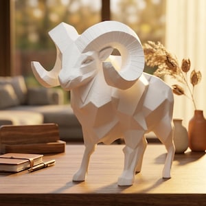 Könnte beinhalten: Eine weiße, geometrische Widder-Skulptur mit großen, geschwungenen Hörnern. Die Skulptur hat ein facettiertes Design und steht auf vier Beinen. Der Widder steht auf einem Holztisch mit einem Notizbuch und einem Stift. Der Hintergrund ist unscharf.
