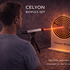 May include: An image of a device with the text "CELYON BIOPULS-SET". A red laser beam is directed towards a circular target with a spiral design. The text "Frequenz Befelder" is visible on the base.