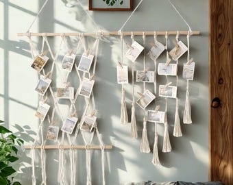 Cabide de fotos em macramê estilo boho com prendedores de madeira, decoração de parede, presente para o Dia das Mães, presente de aniversário.
