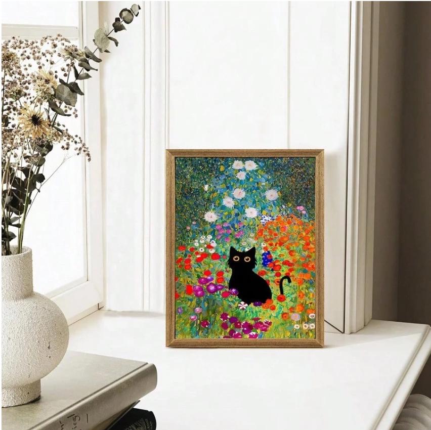 Gustav Klimt Inspired Black Cat Floral Garden Art Print – Whimsical ...