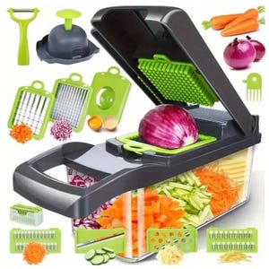 May include: A multi-functional black and green vegetable chopper with various blades and attachments. Includes a peeler, a food holder, and a clear container filled with chopped vegetables. Carrots and red onions are also visible.