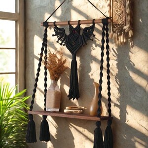May include: A black macrame wall shelf with a bat design, a wooden shelf, and black tassels. The shelf holds a glass bottle, a small vase, and a wooden bowl. The shelf is suspended by black rope.