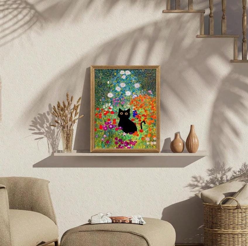 Gustav Klimt Inspired Black Cat Floral Garden Art Print – Whimsical ...