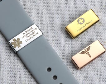 Personalized Medical Alert ID Tag for Apple & Smart Watch Band, Engraved Allergy Emergency Contact, Stainless Steel Medical ID Charm
