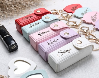 Personalized Lipstick Bag Keychain,Floral Lipstick Bag,Lipstick Case with Mirror,Bridesmaid Gift,Wedding Favor,Gift for her