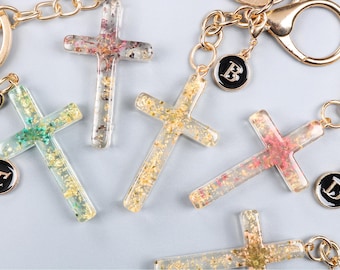 Resin Dried Flower Cross Keychain, Christian Gift,Personalized Initial