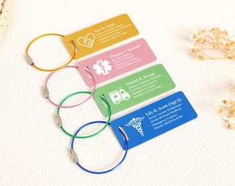 Emergency Medical Alert Card, Engraved Aluminum Tag, Allergy Alert, Medical ID, Personalized Metal Luggage Tag, Bag ID Suitcase Backpack tag