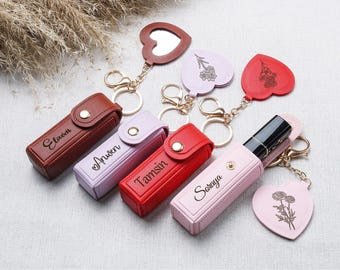 Personalized Lipstick Holder Keychain with Mirror, Custom PU Leather Lip Balm Bag,Floral Makeup Lover Gift,Valentine's Day Gift