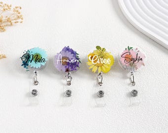 Real Pressed Flower Badge Reel,Gift for Nurse and Doctor,Botanical Gift, Teachers Gift Ideas