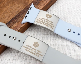 Custom Medical ID Tag for Watch Bands Engraved, Allergy and Emergency Information, Silver Stainless Steel ID Tag,Apple Medical Band