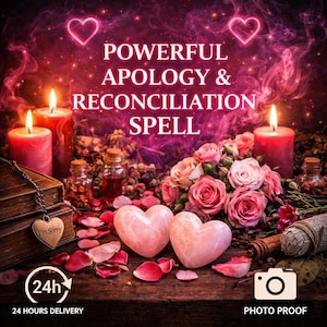 May include: An image with the text "POWERFUL APOLOGY & RECONCILIATION SPELL" features pink heart-shaped stones, roses, candles, and a pendant that says "I'm Sorry". The image also includes a 24-hour delivery icon and a photo proof icon.