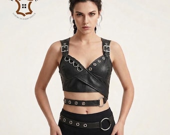Handgemaakte dames crop top zwart leren harnas, gotische bralette en broekje met hoge taille, gebruik rundleer