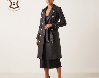 Zwart leren trenchcoatjas voor dames, jas met dubbele rij knopen en riem, gebruik koemateriaal