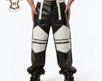 Leren wijde broek heren, broek met wijde pijpen, streetwear gothic punk, gebruik van schapenmateriaal