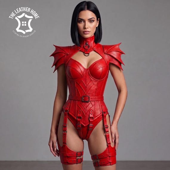 Womens Red Leather Bodysuit Harness, Fantasy Armor Lingerie, Rave Wear, Cow Material Uses