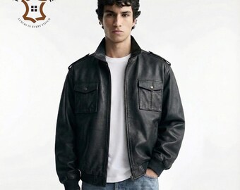 Leren herenbomberjack, handgemaakte vintage jas, streatwear-outfit, materiaalgebruik voor schapen
