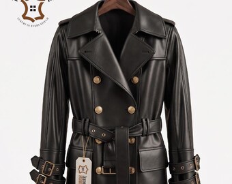 Schwarzer Leder-Trenchcoat für Damen, zweireihiger Gürtelmantel, Kuhmaterialverwendung