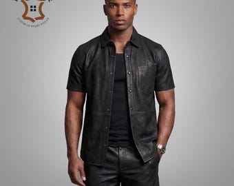 Herrset med skjorta och shorts i äkta läder, rent kohudmaterial | Clubwear-outfit