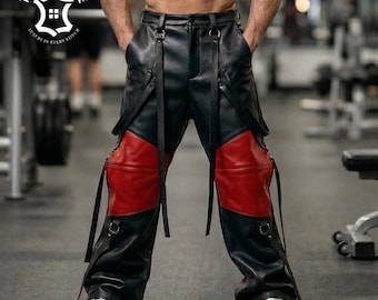 Leren herenbroek, gotische bikerbroek, handgemaakte festivaloutfit met riempjes | Gebruik bij schapen